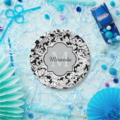 モダン ブラック＆ホワイト フラワー ガーリー モノグラム 名前付き ペーパープレート (パーティー)