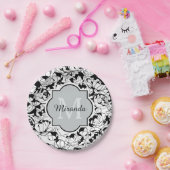 モダン ブラック＆ホワイト フラワー ガーリー モノグラム 名前付き ペーパープレート (パーティー)