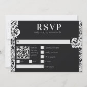 モダン ブラック＆ホワイト フローラル ダマスク ウェディング RSVP 招待状 (正面)