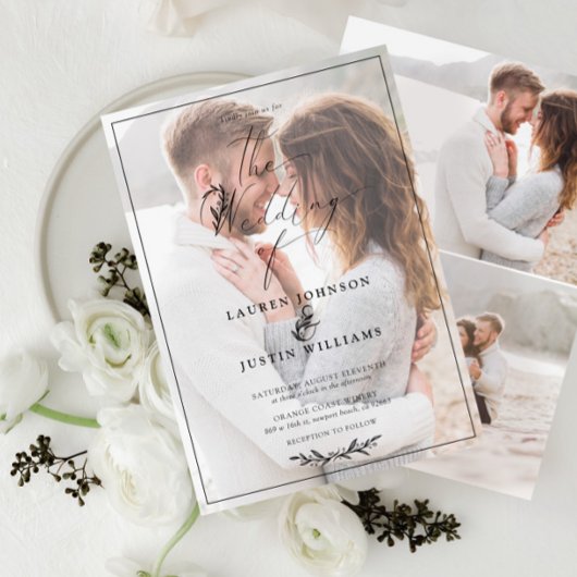 モダン ブラック ホワイト ボタニカル スクリプト ヴェラム 3 フォト 招待状