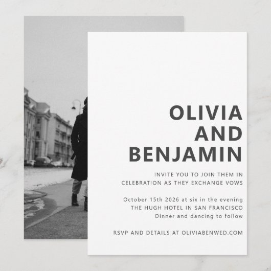 モダン ブラック ホワイト ボールド タイポグラフィー フォト ウェディング 招待状 (正面/裏面)