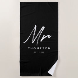 モダン ブラック ホワイト ミニマル スクリプト ビーチタオル