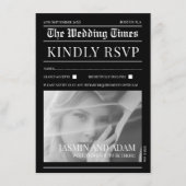 モダン ブラック ホワイト 新聞 結婚式 RSVP エンクロージャーカード (正面)