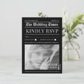 モダン ブラック ホワイト 新聞 結婚式 RSVP エンクロージャーカード (スタンド正面)
