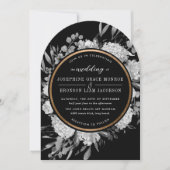 モダン ブラック&ホワイト 水彩 フラワー アーチ 招待状 (正面)