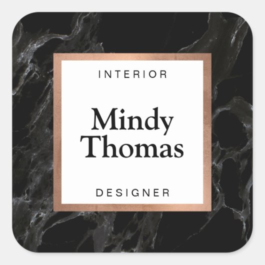 モダン ブラック マーブル フェイク ローズ ゴールド フレーム スクエアシール (正面)