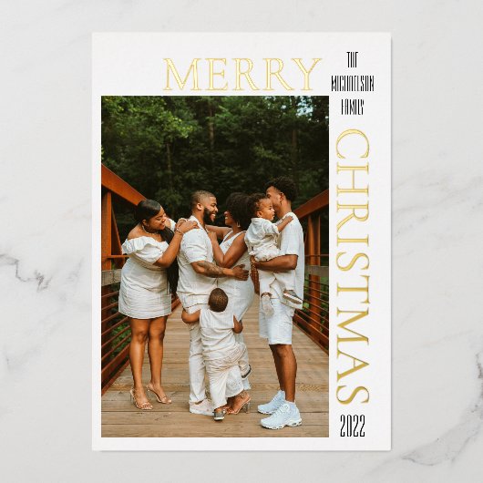 モダン ブラック メリークリスマス フォト 箔シーズンカード (正面)