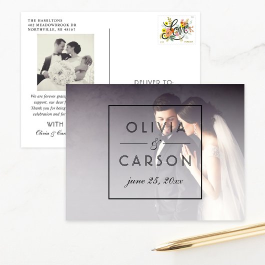 モダン ブラック モノグラム 結婚式 フォト サンクス ポストカード