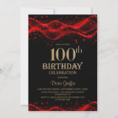 モダン ブラック&レッド 100歳の誕生日パーティー 招待状 (正面)
