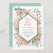 モダン ブラッシュピンク ウォーターカラー フローラル ゴールドフレーム セーブザデート (正面/裏面)