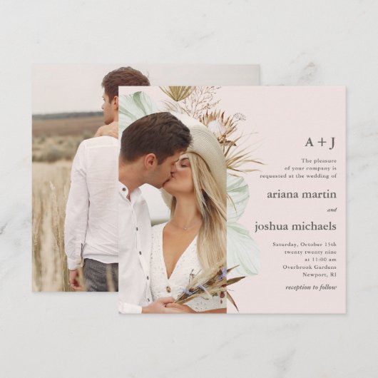 モダン ブラッシュ ボヘミア ツー フォト ウェディング 招待状 (正面/裏面)