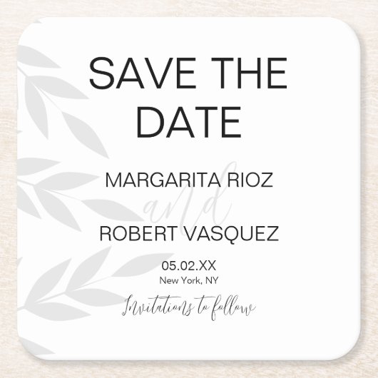 モダン ブランチ グレー ホワイト スクリプト セーブ ザ デート インビテ スクエアペーパーコースター (正面)