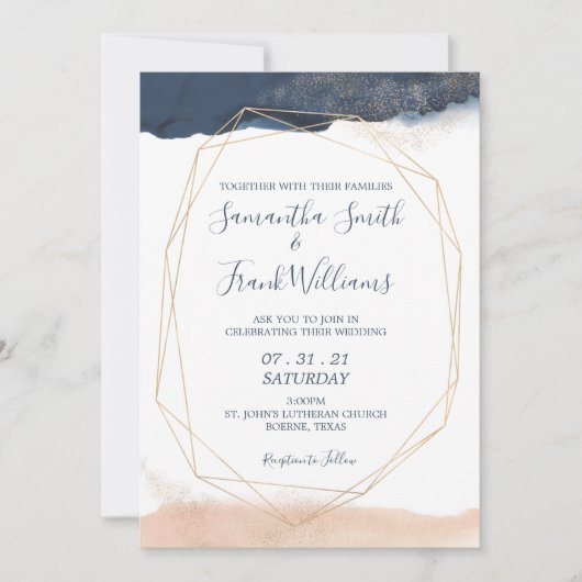 モダン ブルーとフラッシュ ピンク 招待状 (正面)