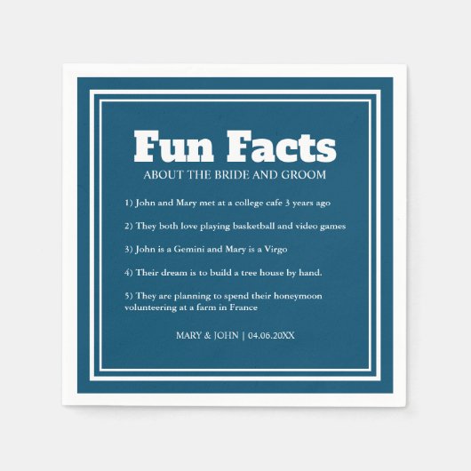 モダン ブルーとホワイトの豆知識 ウェディング スタンダードカクテルナプキン (正面)