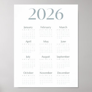 モダン ブルーグレー 2026 カレンダー シンプル ワンページ ポスター