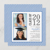 モダン ブルーストライプ フォト 卒業式 招待状 (正面/裏面)