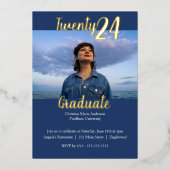 モダン、ブルー2枚組 卒業写真 箔招待状 (正面)