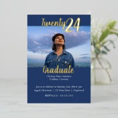 モダン、ブルー2枚組 卒業写真 箔招待状 (立ち正面)