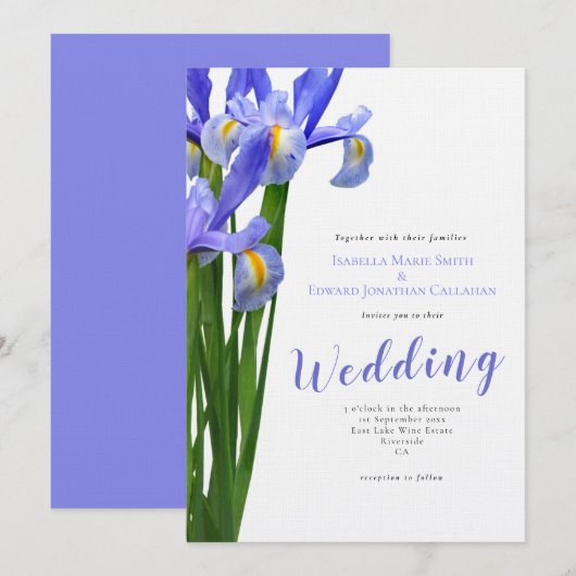 モダン ブルー アイリス 花束 ウェディング 招待状 (正面/裏面)