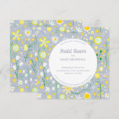 モダン ブルー イエロー フラワーブライダルシャワー 招待状 (正面/裏面)