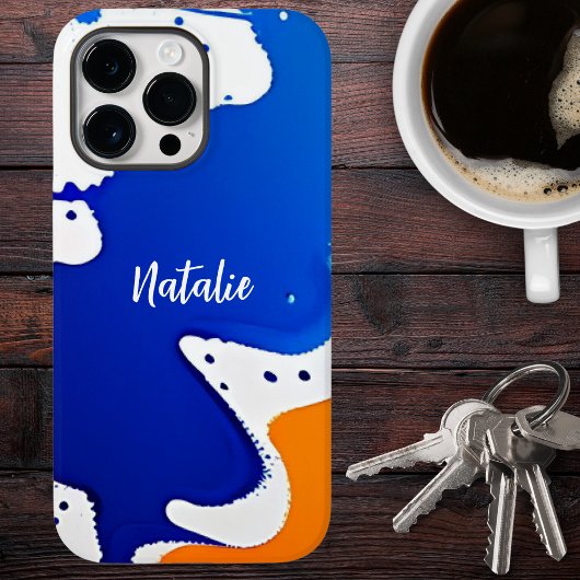 モダン ブルー & オレンジ ペイント スプラッター モノグラム Case-Mate iPhoneケース