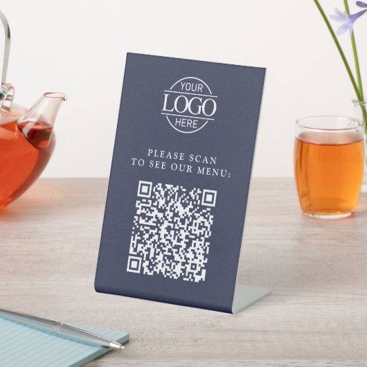 モダン ブルー カスタム ビジネス ロゴ QR コード メニュー 台座サイン (インサイチュ)