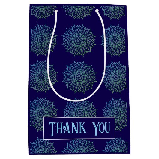 モダン ブルー グリーン ブランディング マンダラ ありがとう 名 ミディアムペーパーバッグ (正面)