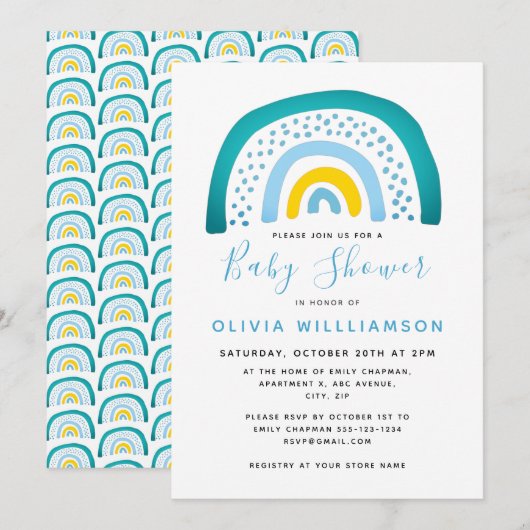 モダン ブルー グリーン レインボー ベイビー シャワー ベイビー ボーイ インビテ 招待状 (正面/裏面)