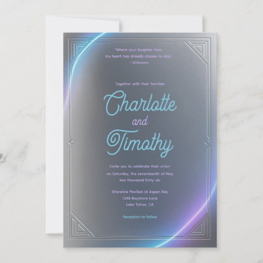 モダン ブルー グレー パープル エレクトリック ネオン グロー ウェディング 招待状 (正面)