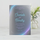 モダン ブルー グレー パープル エレクトリック ネオン グロー ウェディング 招待状 (スタンド正面)