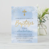 モダン ブルー ゴールドの男の子の洗礼 招待状 (スタンド正面)