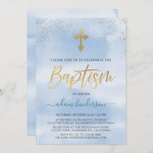モダン ブルー ゴールドの男の子の洗礼 招待状 (正面/裏面)