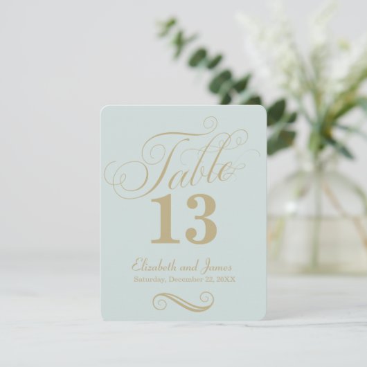 モダン ブルー ゴールド スクリプト ウェディング テーブル ナンバー 招待状 (スタンド正面)
