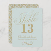 モダン ブルー ゴールド スクリプト ウェディング テーブル ナンバー 招待状 (正面/裏面)