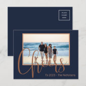 モダン ブルー＆ゴールド 新年のお祝い フォト ポストカード (正面/裏面)