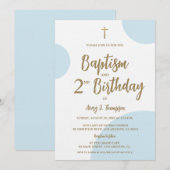 モダン ブルー＆ゴールド 洗礼式＆2歳の誕生日 招待状 (正面/裏面)