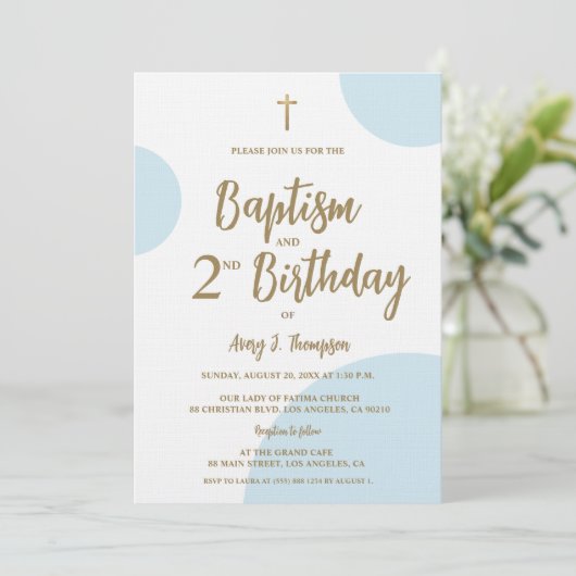 モダン ブルー＆ゴールド 洗礼式＆2歳の誕生日 招待状 (スタンド正面)