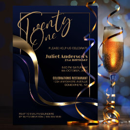 モダン ブルー ゴールド 21歳の誕生日パーティー 招待状