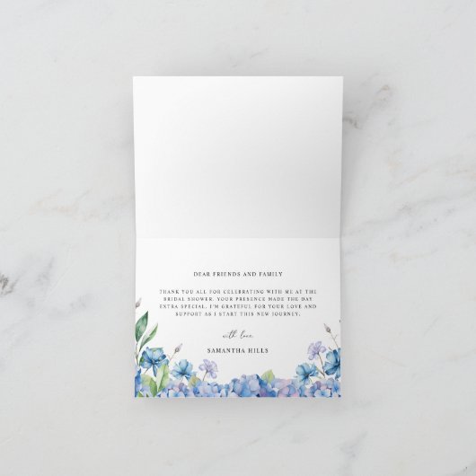 モダン ブルー ハイドランジア フラワーブライダルシャワー サンキューカード (内部)