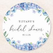 モダン ブルー ハイドレンジア フラワーブライダルシャワー ラウンドペーパーコースター (正面)
