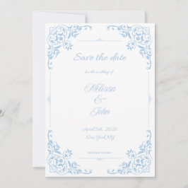 モダン ブルー フィリグリー フランス カントリー スタイルの結婚式の延期案内状 招待状