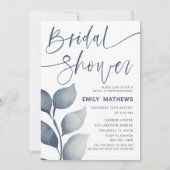 モダン ブルー フォリアージ ウォーターカラー ブライダル シャワー 招待状 (正面)