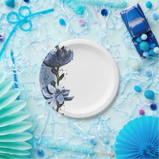 モダン ブルー フラワーズ フラワーズ ウォーターカラー ウェディング ペーパープレート (パーティー)