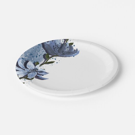モダン ブルー フラワーズ フラワーズ ウォーターミディアム 結婚式 ペーパープレート (アングル)
