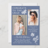 モダン ブルー ホワイト バタフライ フォト 卒業パーティー 招待状 (正面)