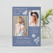 モダン ブルー ホワイト バタフライ フォト 卒業パーティー 招待状 (スタンド正面)