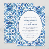 モダン ブルー ホワイト メディテレニアン ウォーターカラー ウェディング 招待状 (正面/裏面)