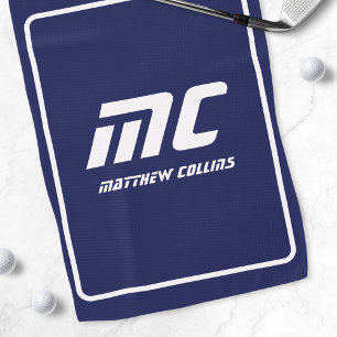 モダン ブルー モノグラム ミニマリスト ホワイト ネーム シンプル ゴルフタオル