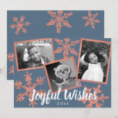 モダン ブルー ラスティック スノーフレーク 3 フォト クリスマス (正面/裏面)