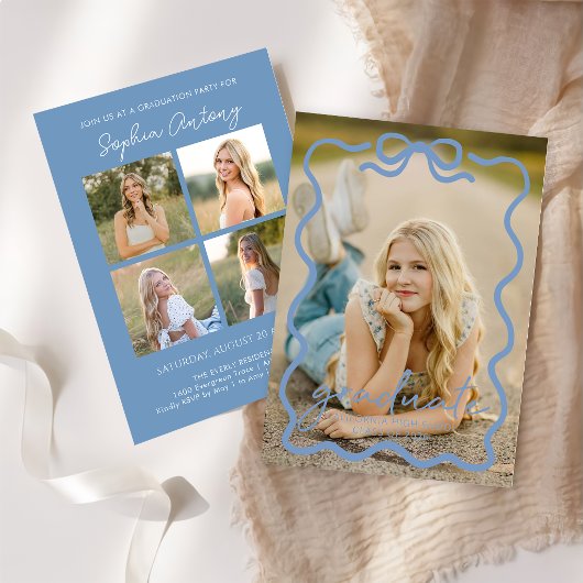 モダン ブルー リボン フォト 卒業パーティー 招待状